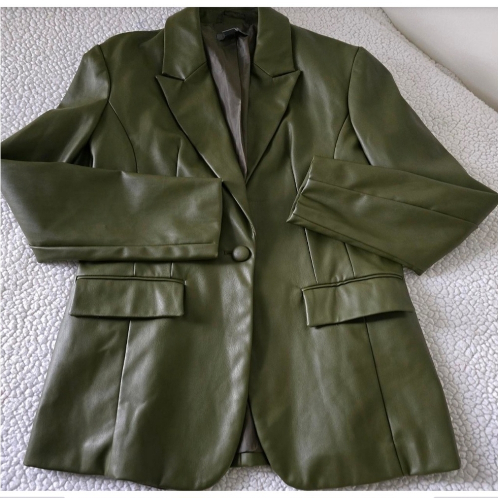 Olive Green Tailored Faux Leather Blazer size 8 - Picture 8 of 8